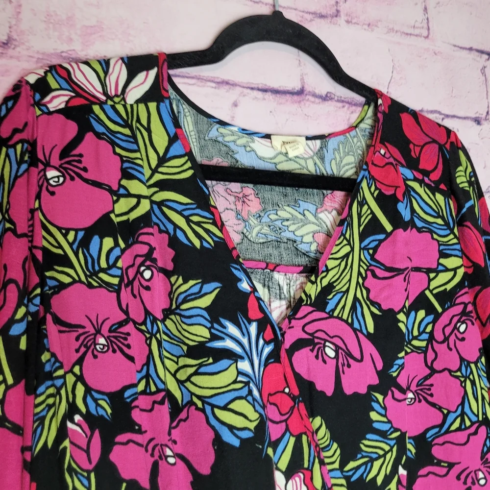 TINY FLORAL WRAP FRONT LONG SLEEVE BOHO TIE WAIST TOP LARGE - Picture 3 of 15